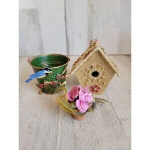 Unique bird house bucket bird ornament Xmas set